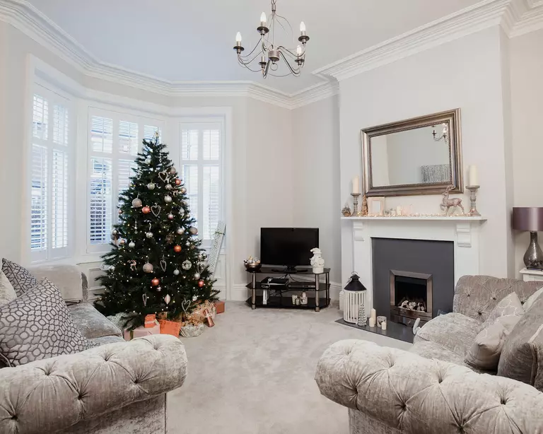 A Christmas tree in front of bay windows of a furnished living room.