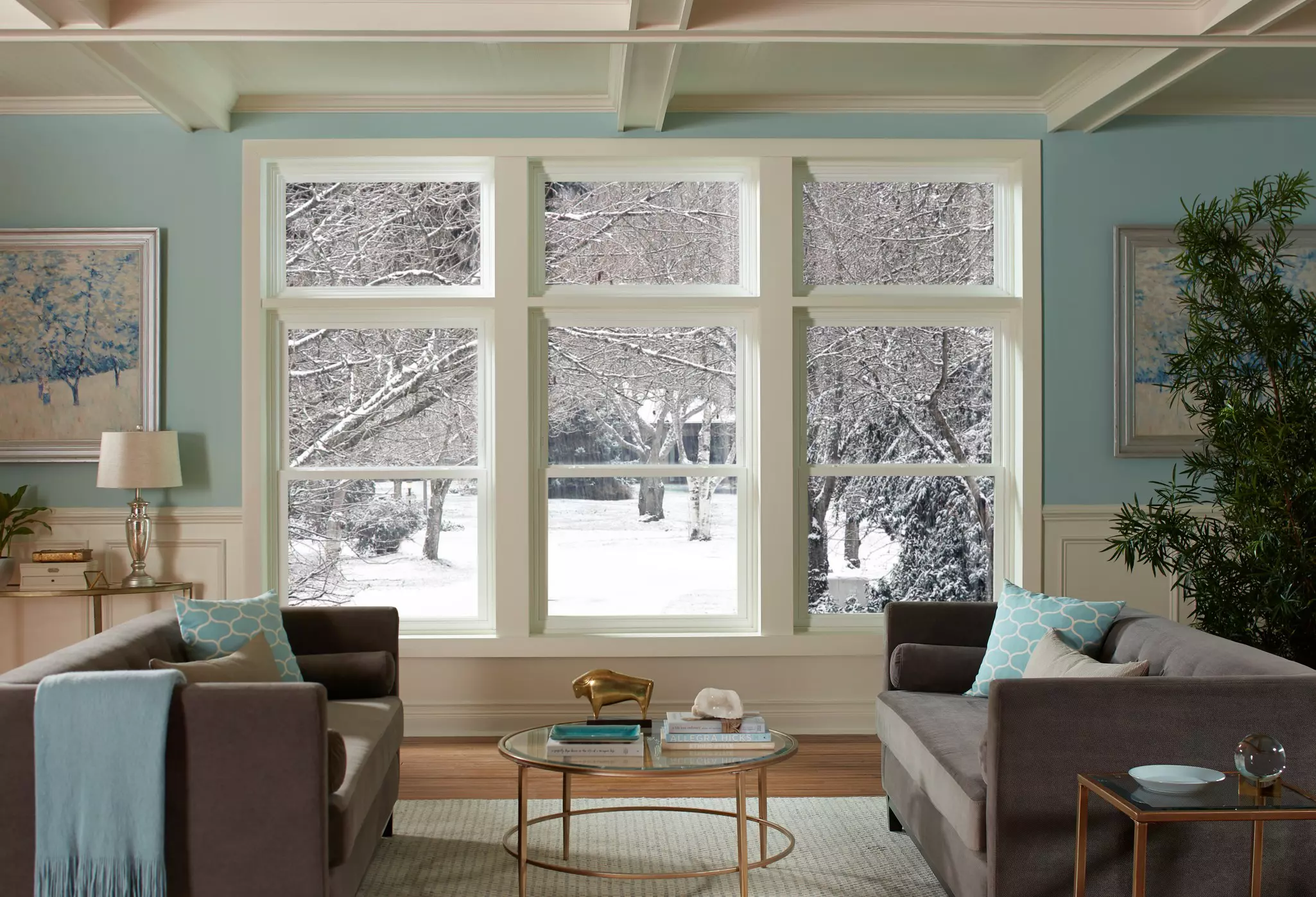 Living room with large winterized windows
