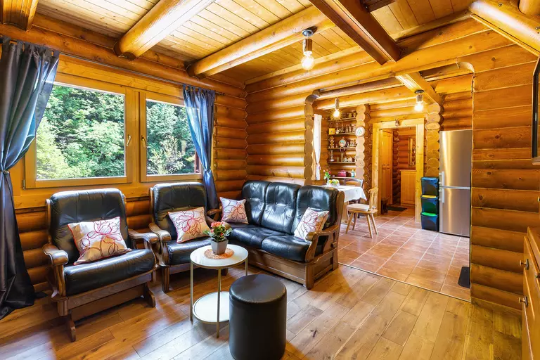 The living room of a log cabin home with newly installed energy-efficient windows to brighten the space and provide a view of the mountains outside. 