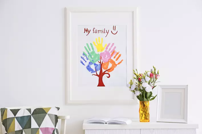 Child's art hung on a wall