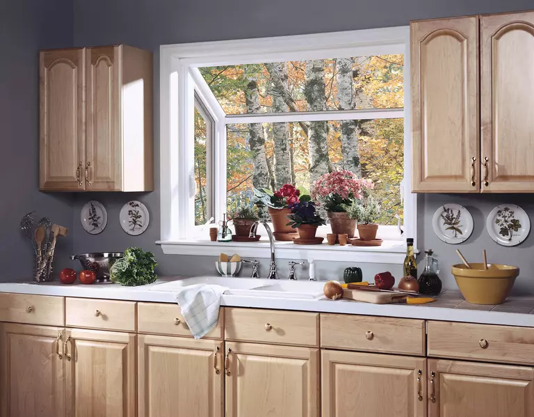 Interior of a kitchen with a garden window and several small potted plants growing within it.