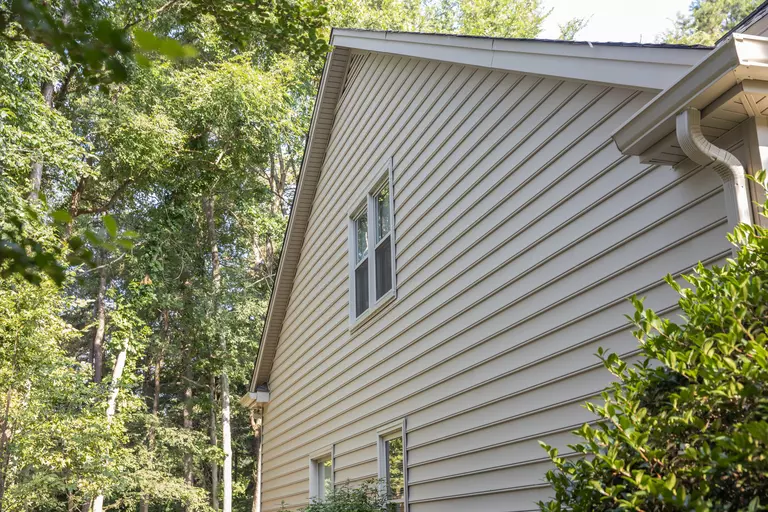 Exterior shot of a home with tan vinyl siding and a double-hung window shown surrounded by trees and shrubbery.