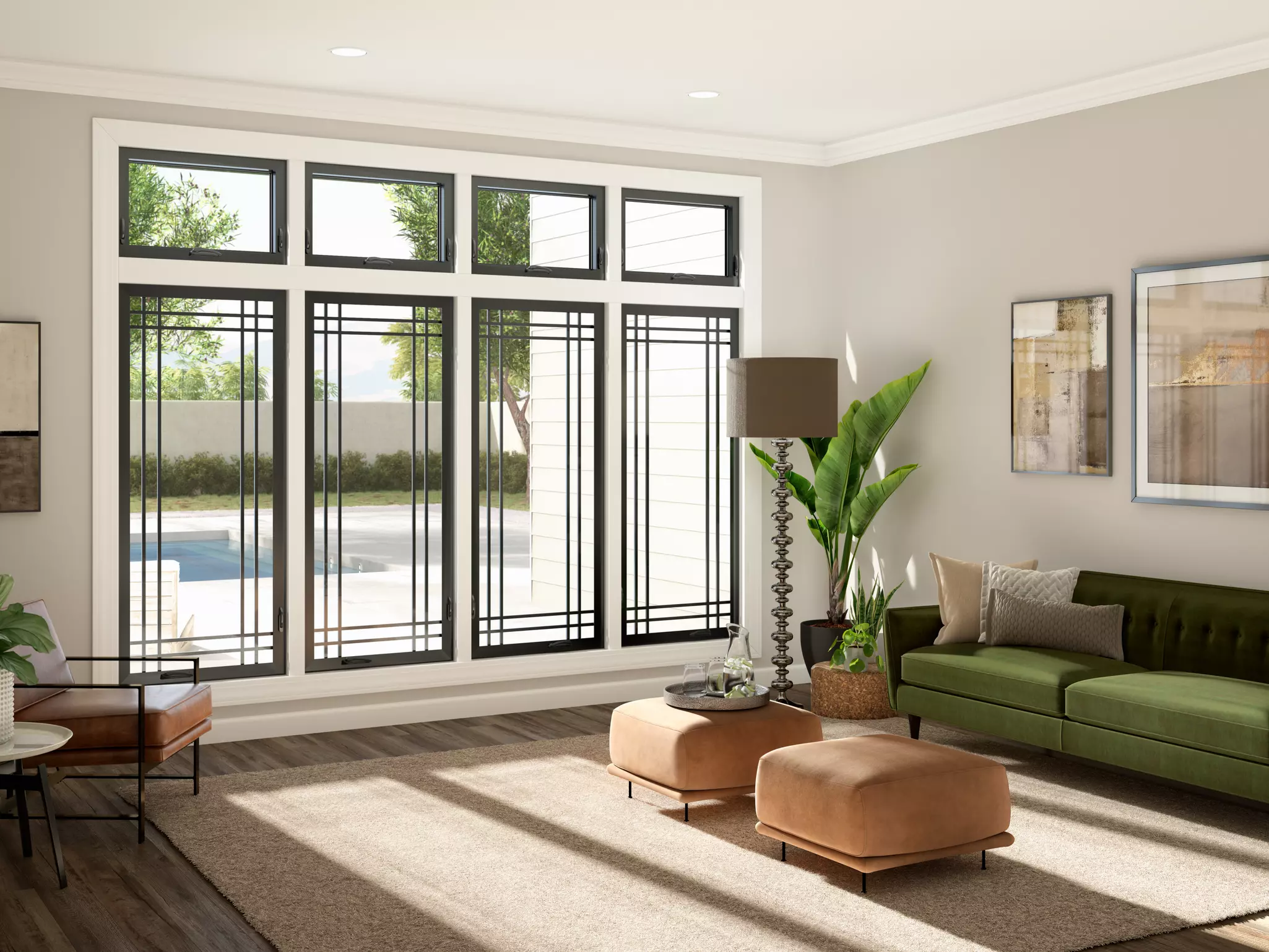 Living room with black picture windows and casement windows.