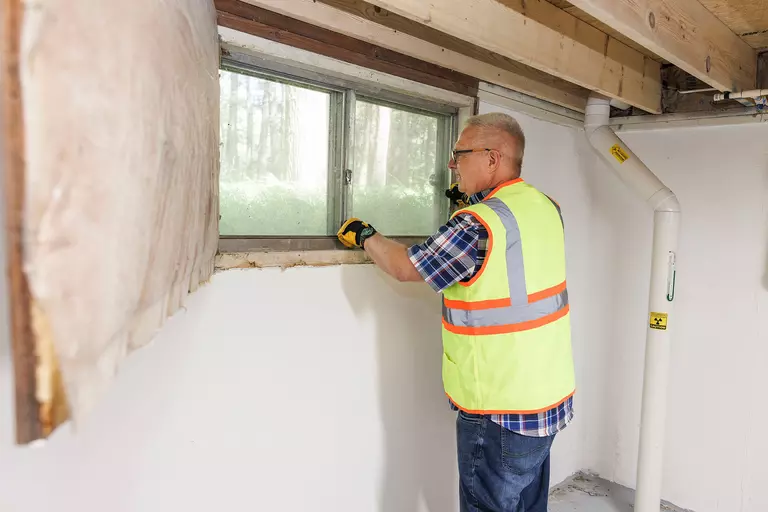 A contractor installing an energy-efficient sliding basement window into the lower level of a home.