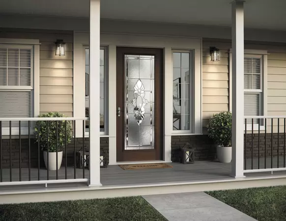 Premium Textured Fiberglass door with a Full Lite door style and Regency glass, with Plymouth Handleset hardware in Bright Chrome