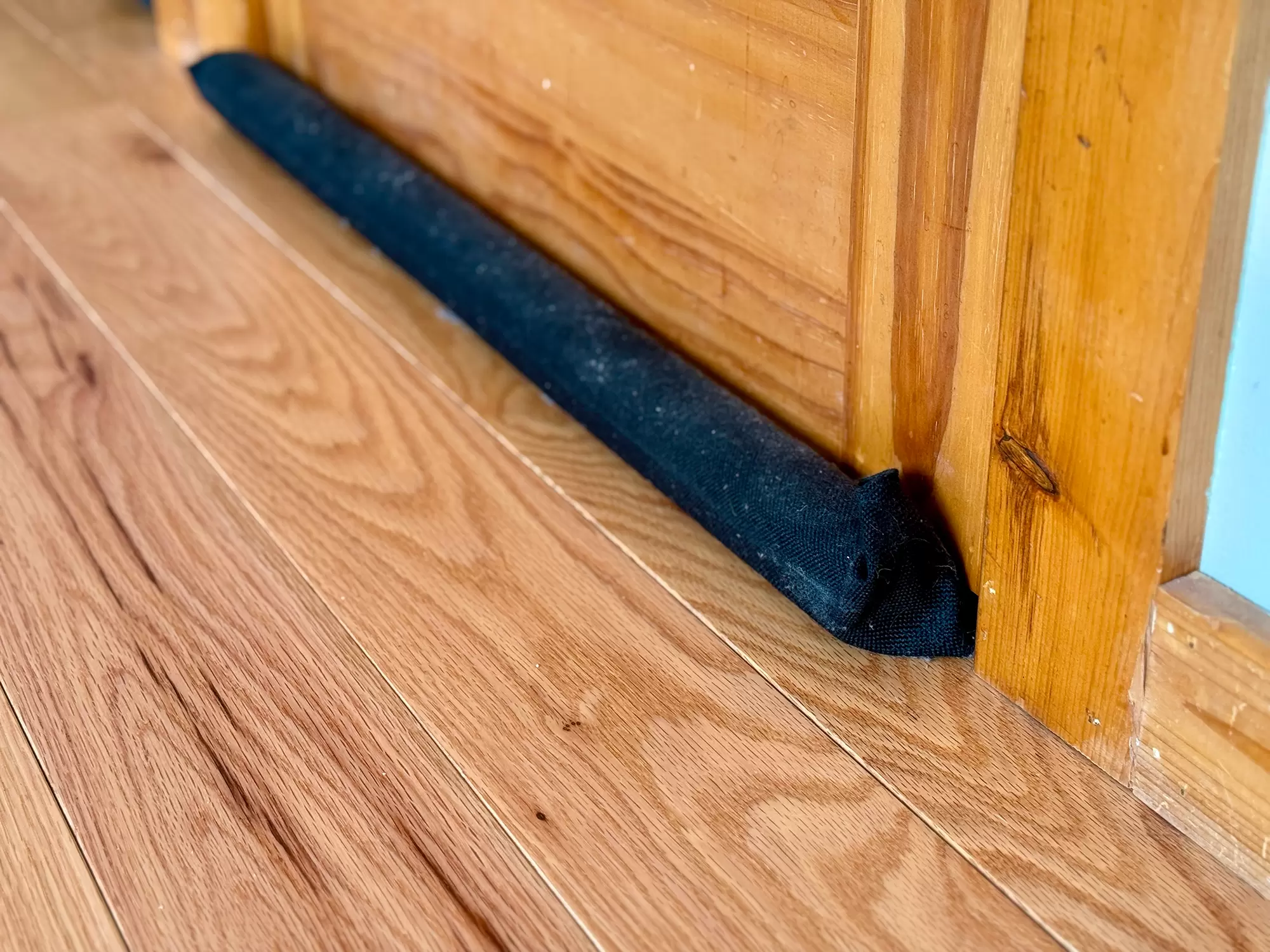 Bottom of an exterior door with a draft blocker underneath.