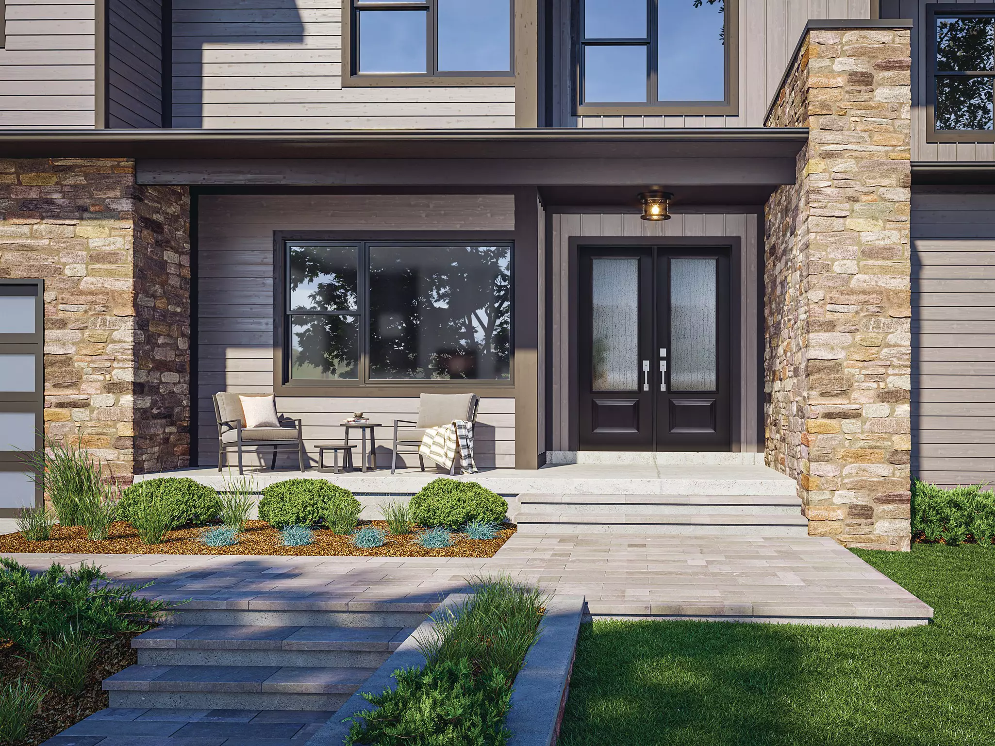 Modern home porch with two black double entry doors.