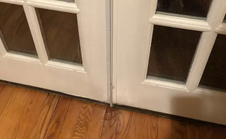 A pair of French-style doors with moisture intrusion on the lower threshold.