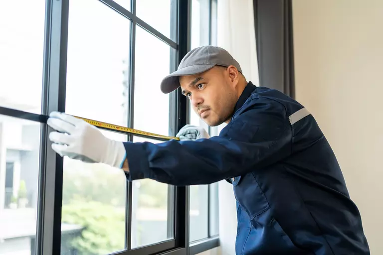 Man checking the width of a mulled window.