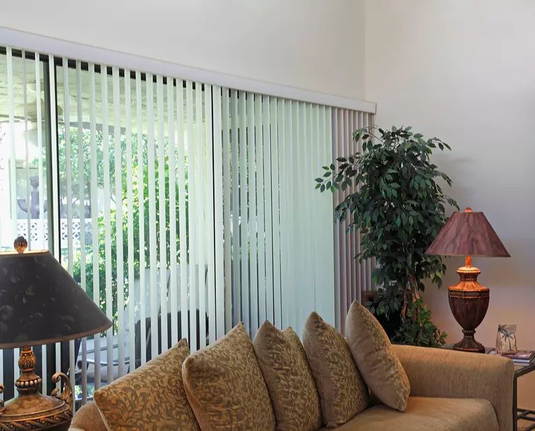 Vertical blinds covering a sliding patio door that leads to a beautiful, nature-filled backyard