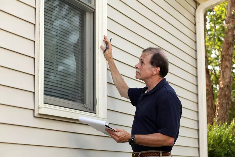 Man inspecting the condition of a home’s window.