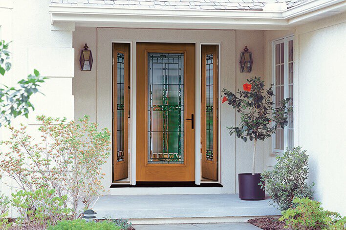 Wood-style entry door with glass