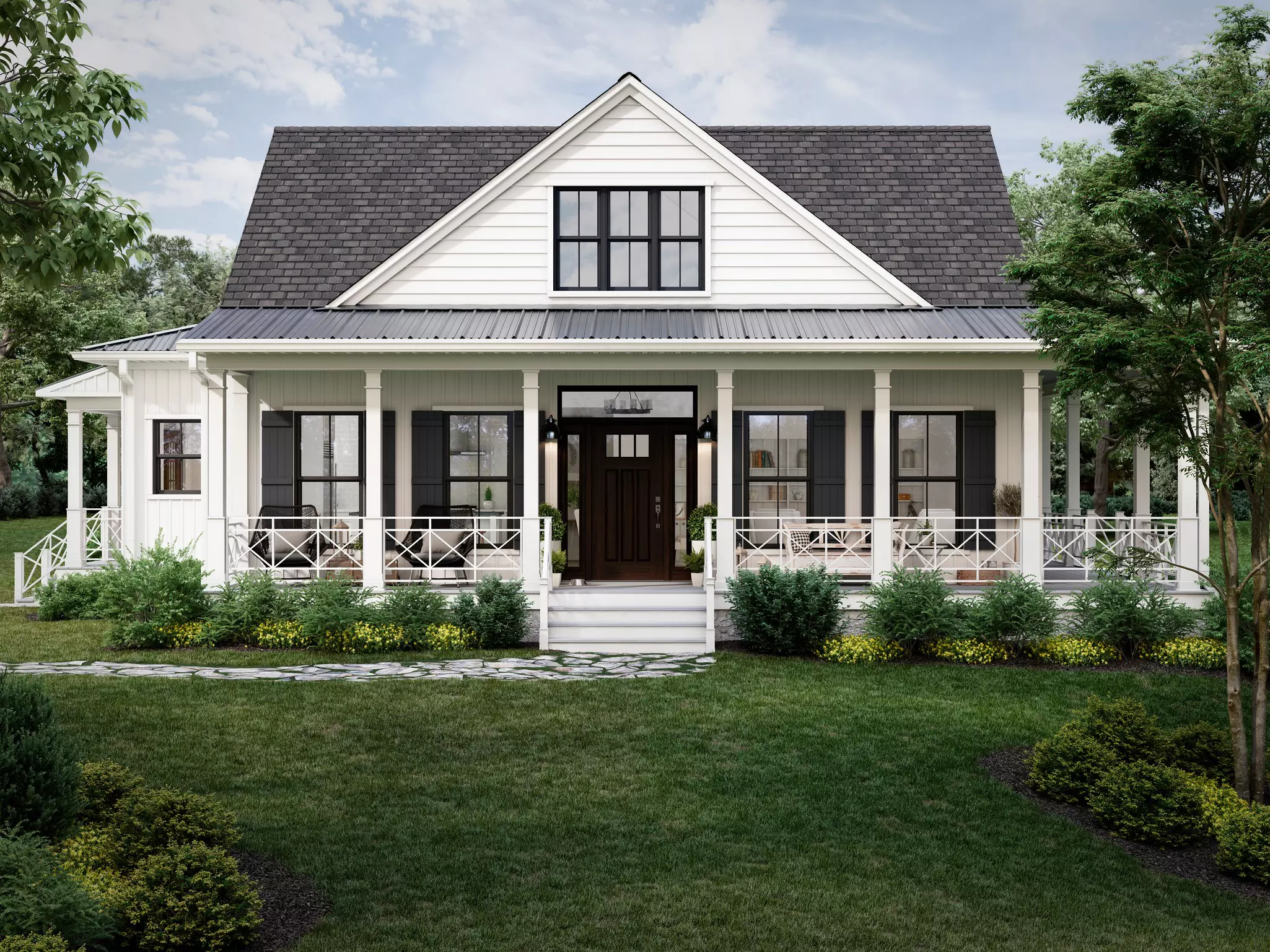 Front yard of a home with black windows and white exterior siding.