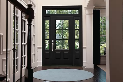 Black entry door with transom and sidelites, 3 quarter lite