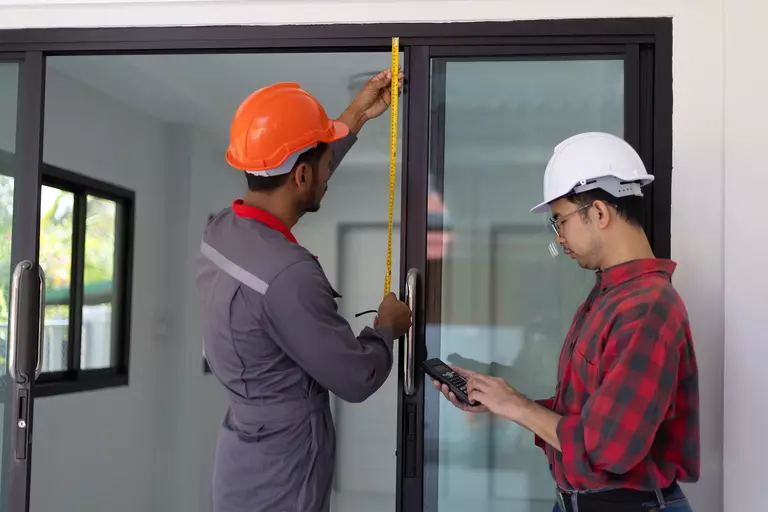 Contractor and technician measuring glass door panels of a patio door for home renovation.