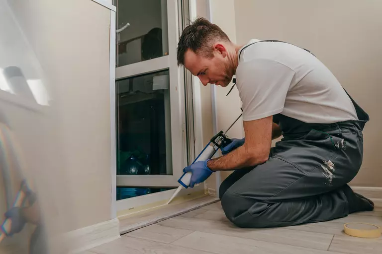 A worker applies caulk to the bottom edge of an exterior door.