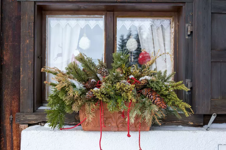 A basket of wintry plant foliage in front of a wooden window.