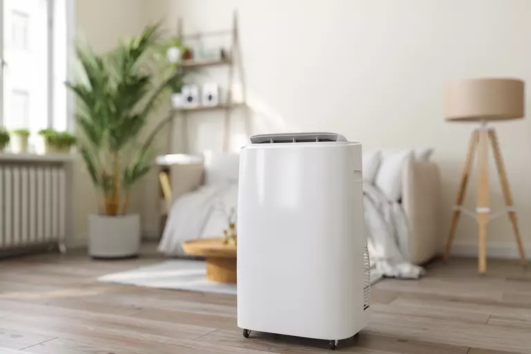 A standing dehumidifier in the middle of a furnished living room.
