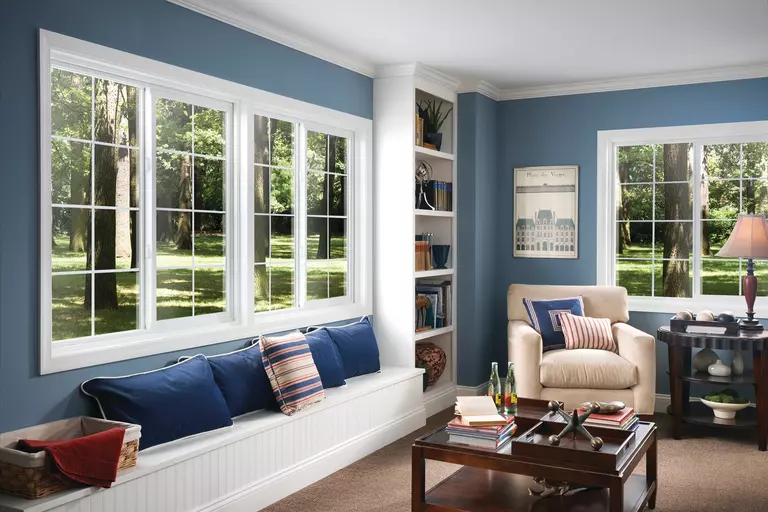 Living room featuring multiple windows with grids mulled together.
