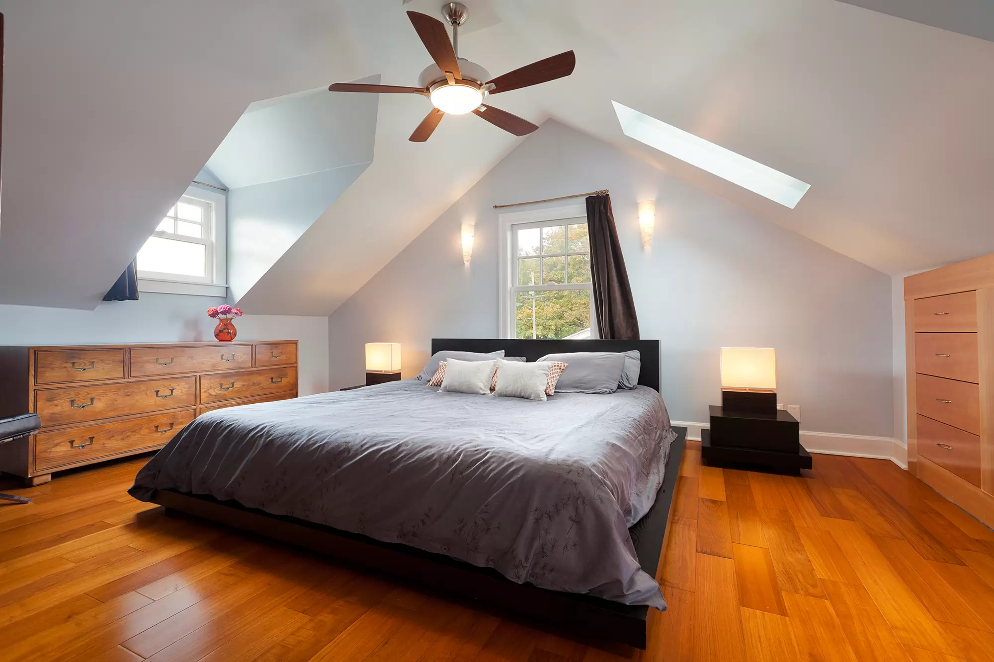 Bedroom with double-hung windows.
