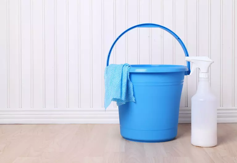 A blue cloth and bucket beside a plastic spray bottle resting on plank flooring.