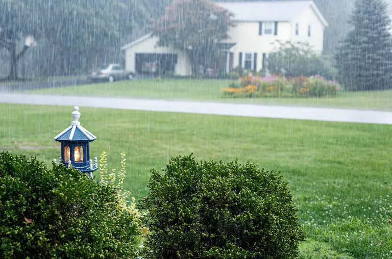 Front lawn of a home with a view of a residential street during heavy rainfall.