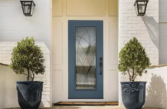 Full lite smooth entry door in colonial blue with waterside glass.