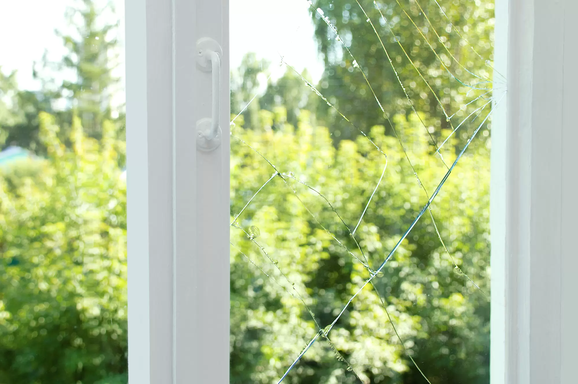 Close-up of a broken window pane.