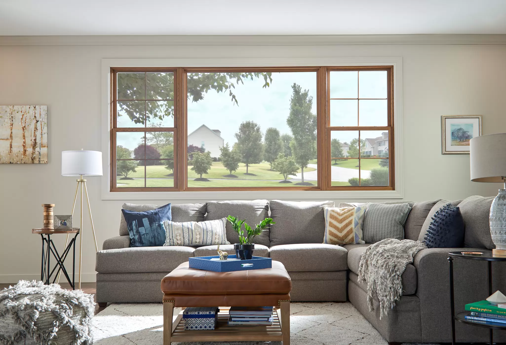 A combination of picture and double-hung windows in a living room.