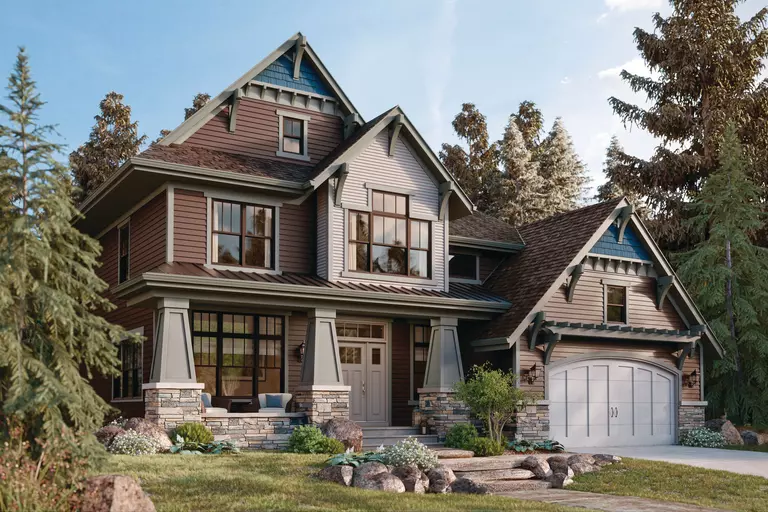 A modern siding home with brown-toned exterior features, including large energy-efficient windows, a beautiful woodgrain finish entry door, and a front-facing two-car garage.
