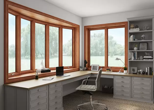 Restorations series woodgrain  bow and casement windows in an office