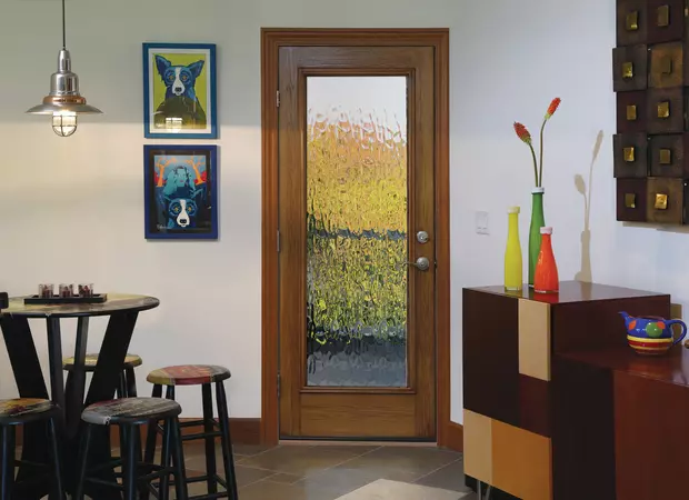 full lite woodgrain entry door in oak grain with vapor privacy glass