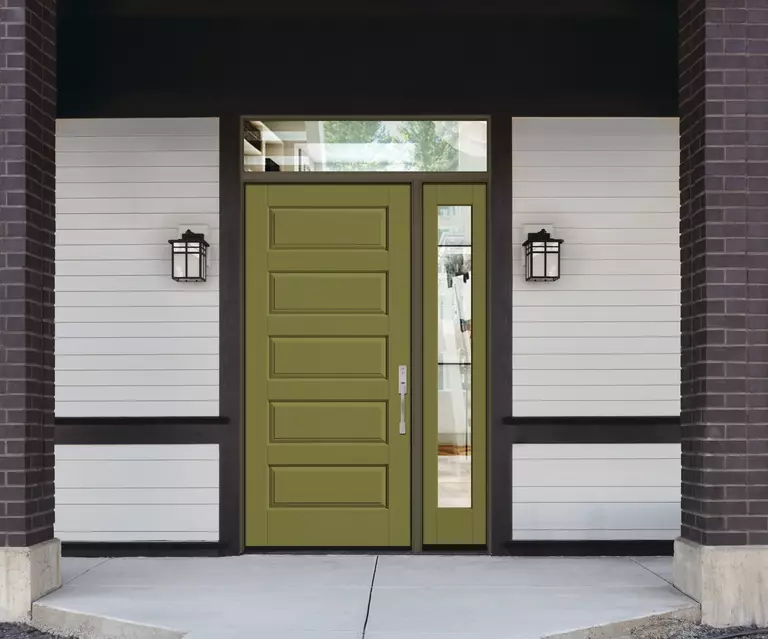 Modern dark green front door with a matching colored full sidelite.
