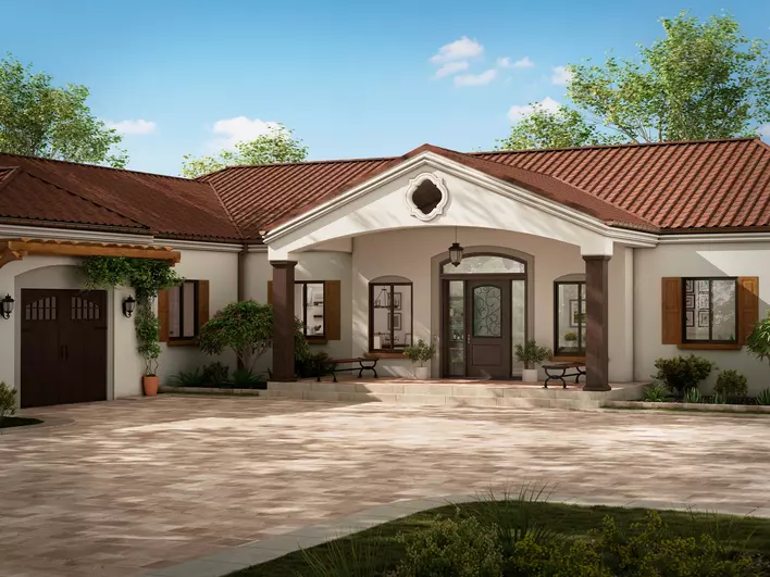 New tile roofing installed on a white stucco home with burnt orange and brown accents.