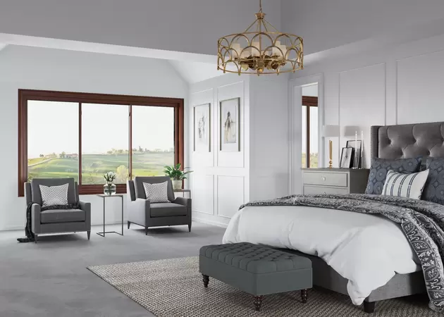 Restorations series Woodgrain sliding windows in a large bedroom