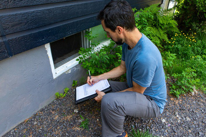 An inspector looking at the foundation of a home and a basement hopper window