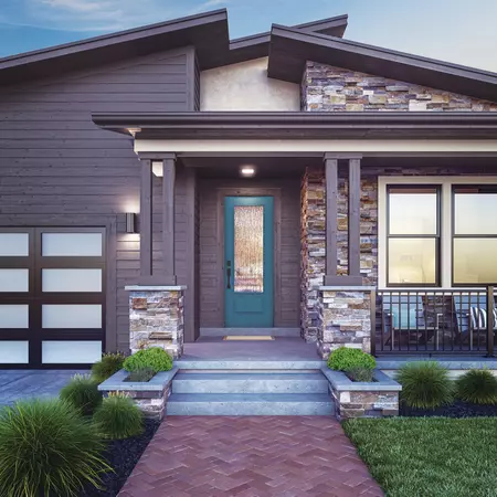 Modern home with a 3/4 lite, 1-panel door style and mistify glass, prefinished in custom color, with a handleset in matte black