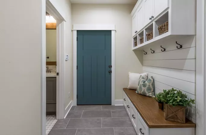 Brushed smooth fiberglass entry door, in a  3-panel flat shaker style