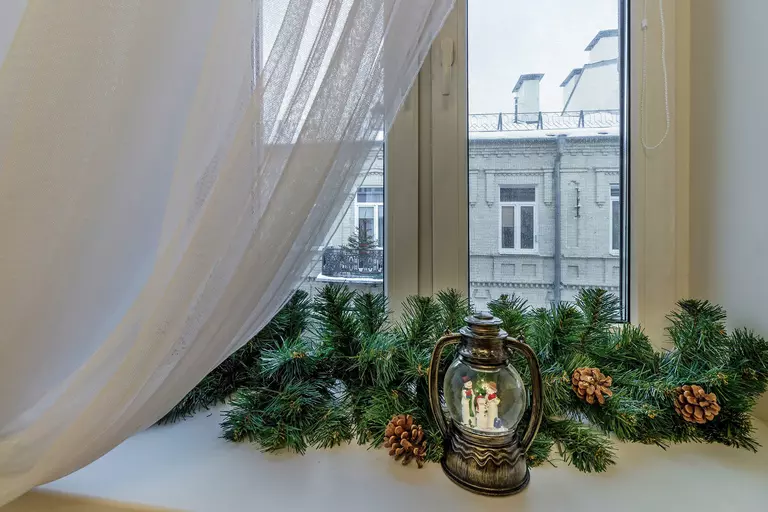 A snow globe, pine cones, and sprigs of pine in front of a window.