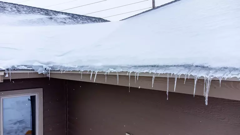 A snow-covered residential rooftop with small icicles forming over the edge.