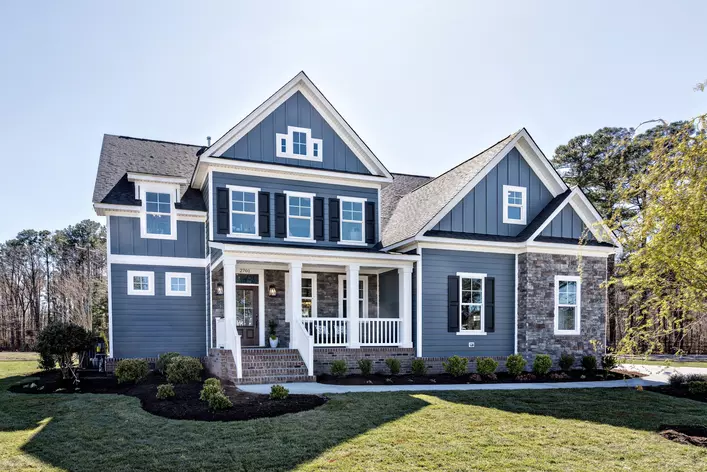 Trees and bushes surround a home with blue vinyl siding and energy-efficient windows and clear skies in the background.
