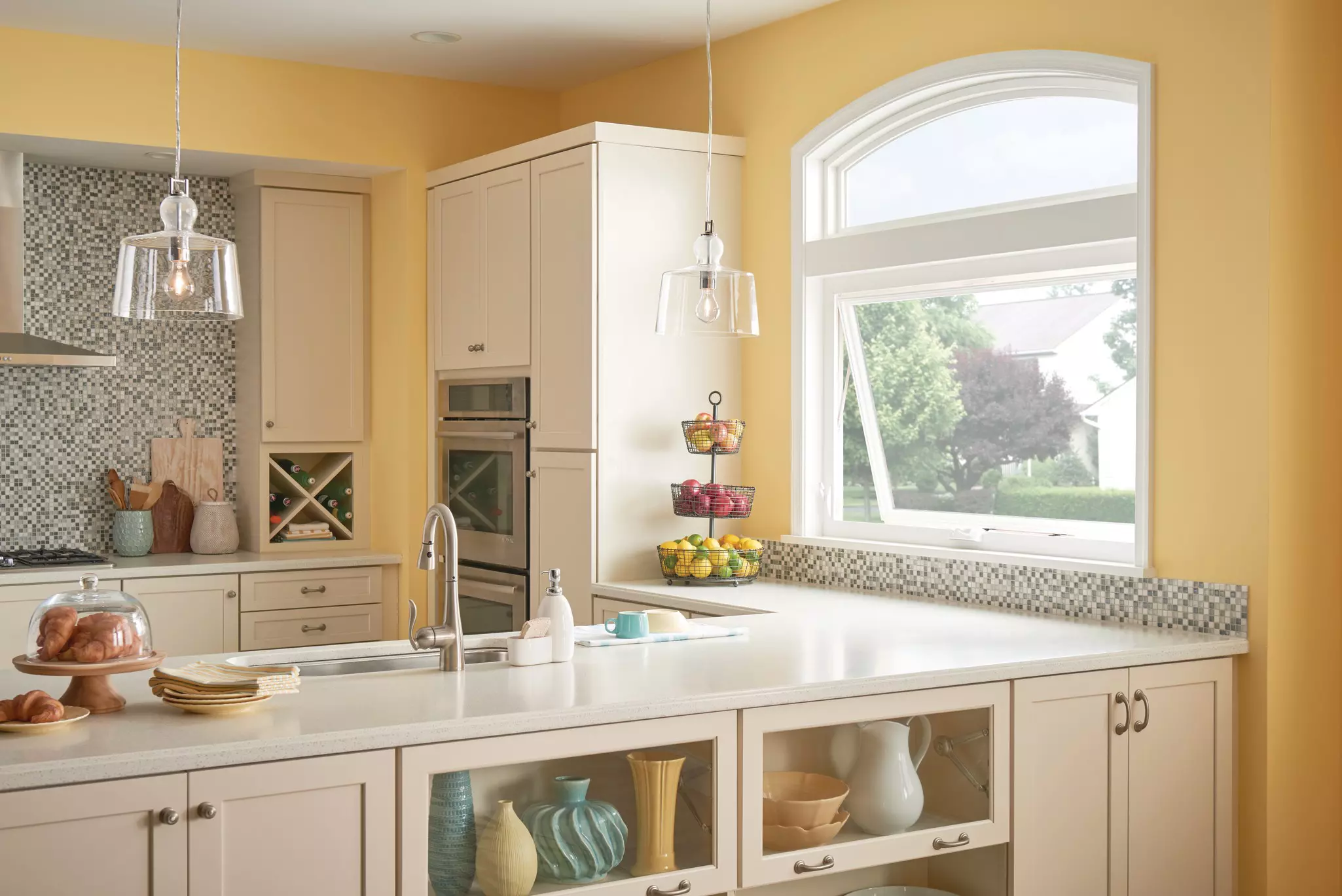 Kitchen with an open awning window.