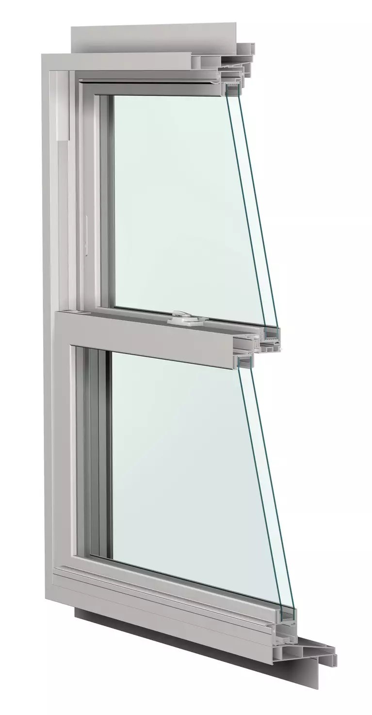 Closeup cross-section view of a window with multiple panes and a spacer system.