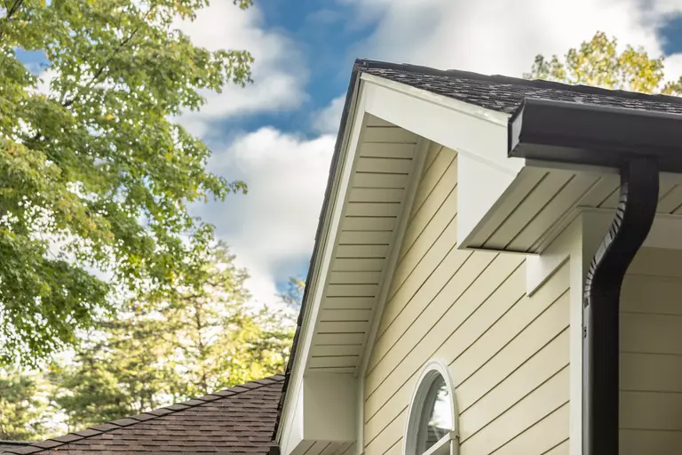 Gable roof of a home with black gutters.