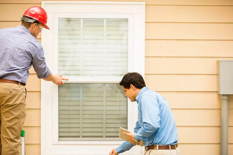 Two workers inspecting the exterior of a home’s window.