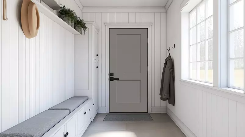 Brushed smooth fiberglass entry door, in a 2-Panel Flat Shaker style, prefinished in the color horizon gray