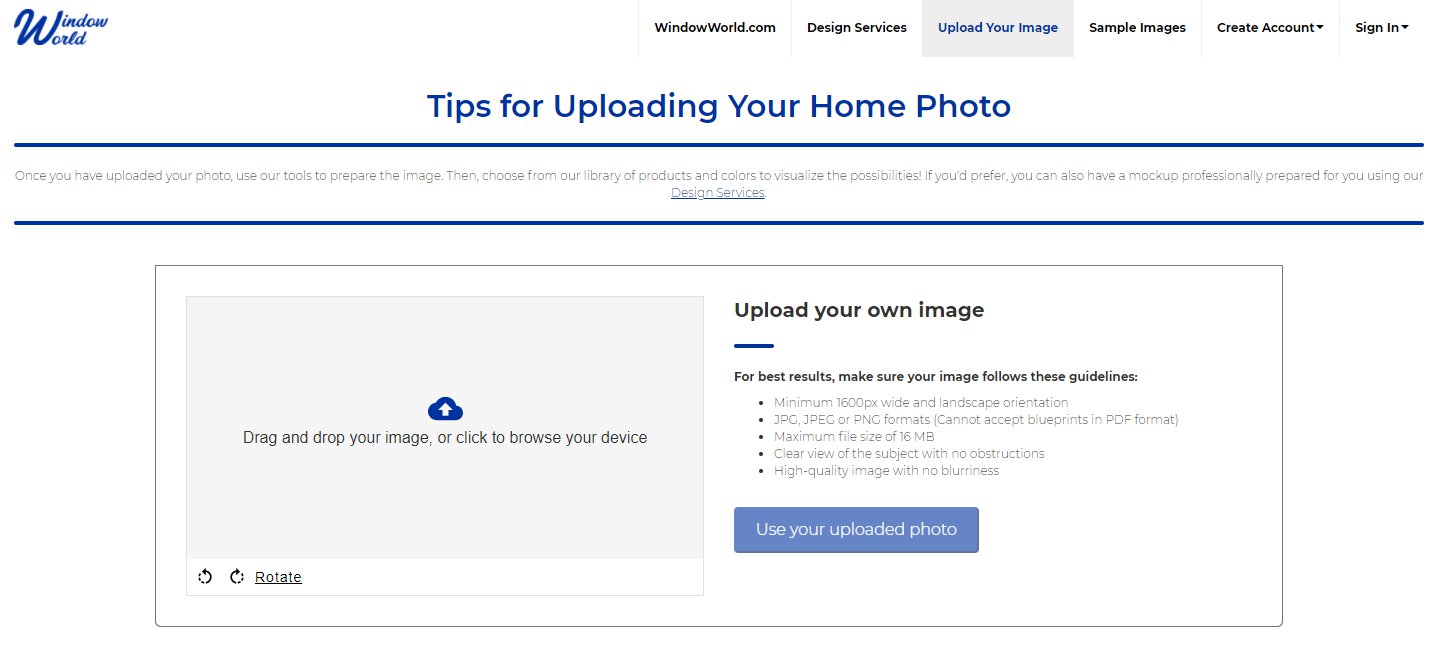 Upload screen for using your own photos on Window World's Visualizer