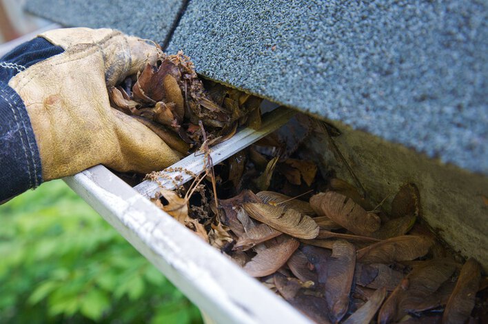 Person with gloves clearing out their gutters for the summer.