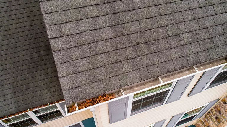 Aerial view of the roof of a home and gutters that are clogged with debris and leaves.