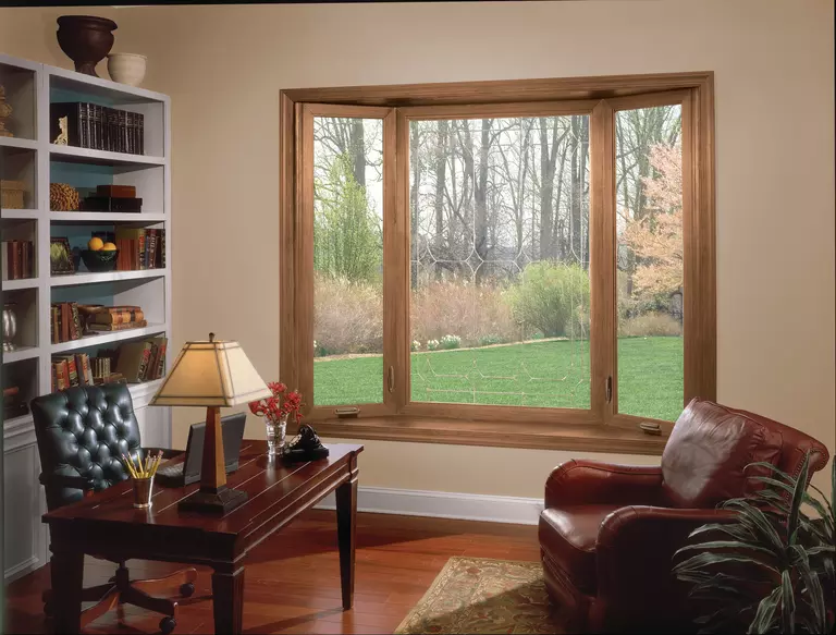 A remodeled home office with custom shelving and a large picture window overlooking a spacious backyard.